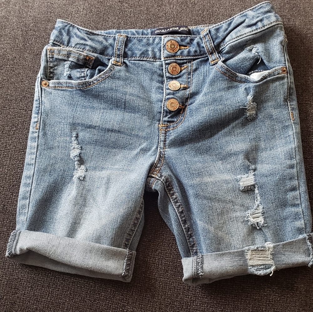 Distressed Denim Shorts with Button Fly